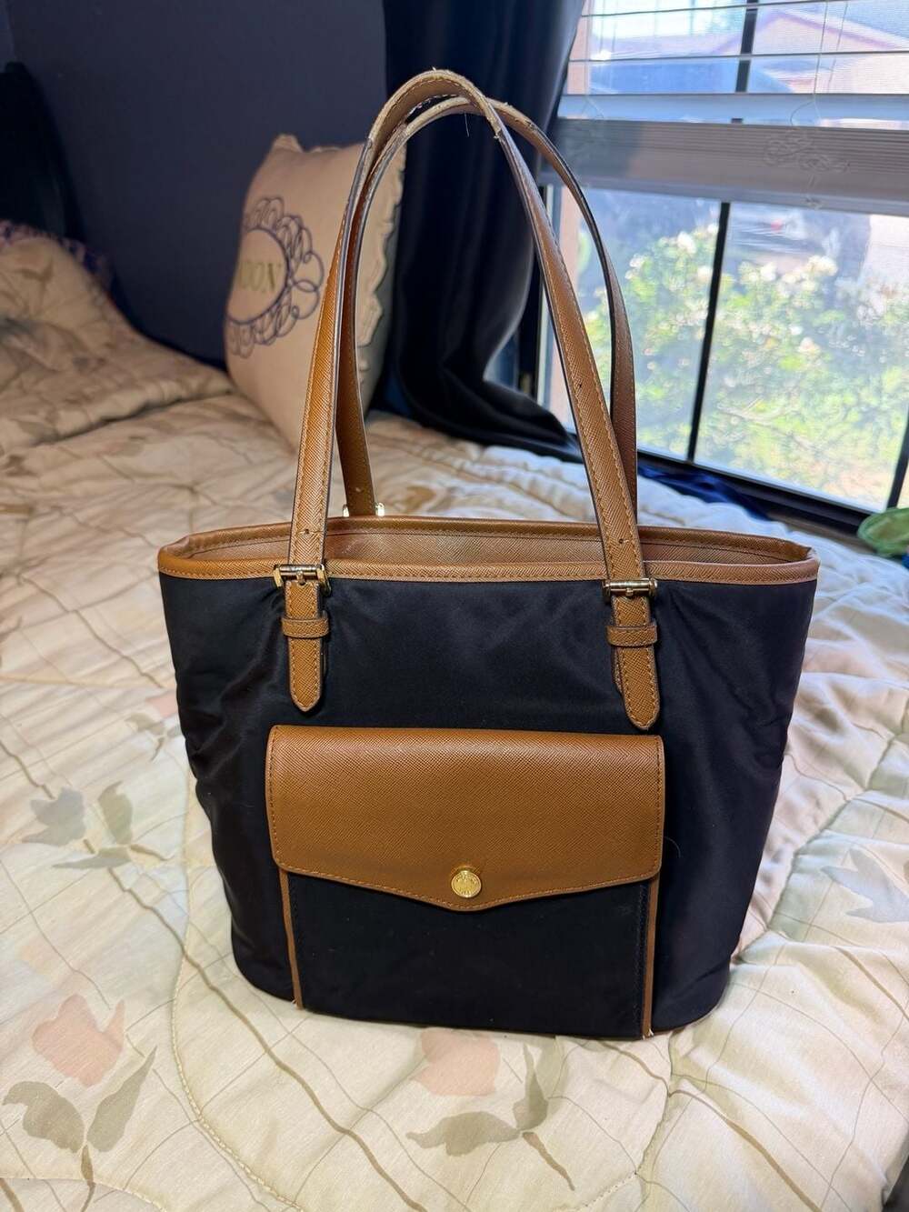 Michael Kors Black Nylon and Brown Saffiano Leather Tote Bag - Picture 3 of 15